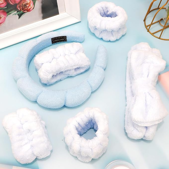 SPA Headbands for Washing Face Makeup Headbands with Bow Hair Band Women Facial Head Band Wrist Towel Wraps For Shower Face Mask Blue, 6 Pack