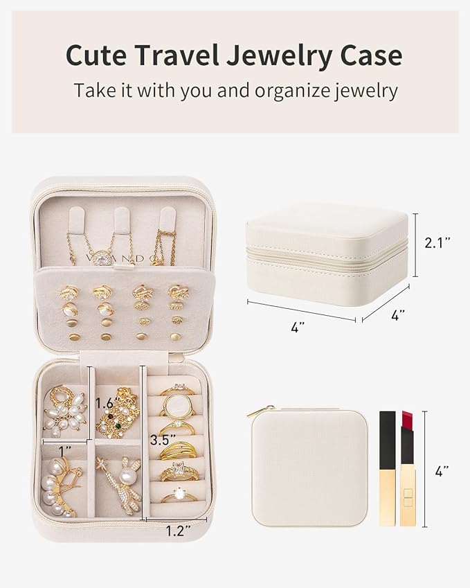 VLANDO Bridesmaid Proposal Gifts - Travel Jewelry Case, Small Travel Jewelry Organizer Box for Girls Women - White