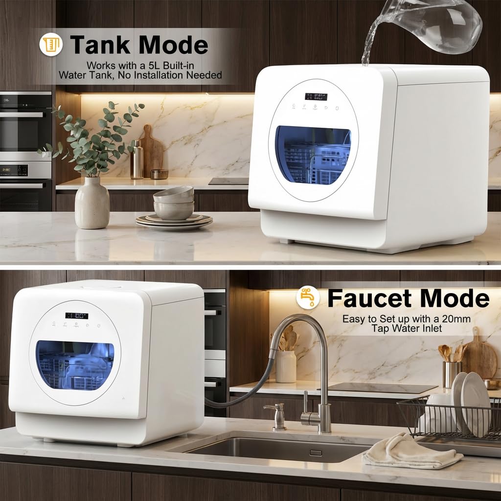 MOMOKOVA Portable Countertop Dishwasher with 5L Built-in Water Tank,Upgraded 7 Program & 24H Delayed Wash,360° Dual Spray, 167℉ High-Temp & No Hookup Needed for Home,white (white)