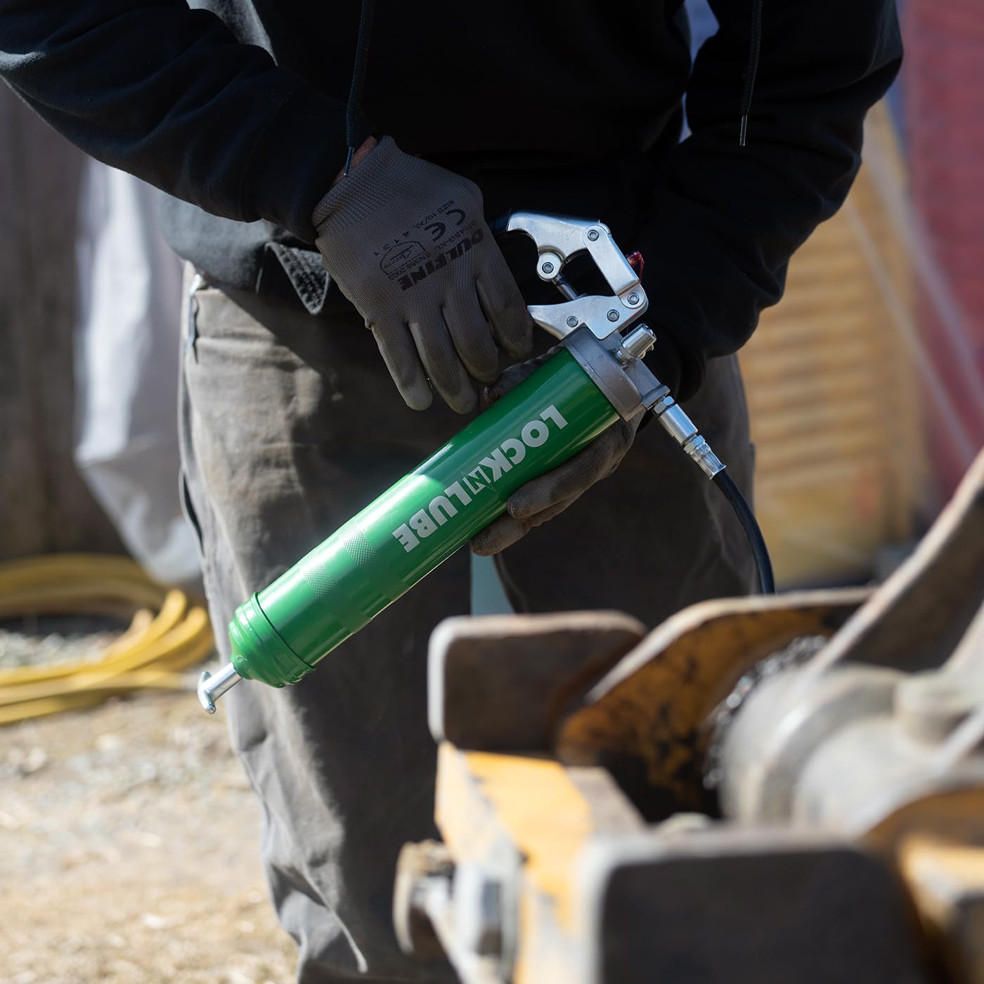 LockNLube Heavy-Duty Pistol Grip Grease Gun. Includes our patented LockNLube® Grease Coupler (Locks On, Stays On, Won't Leak!) plus a high-quality 20" hose and in-line hose swivel