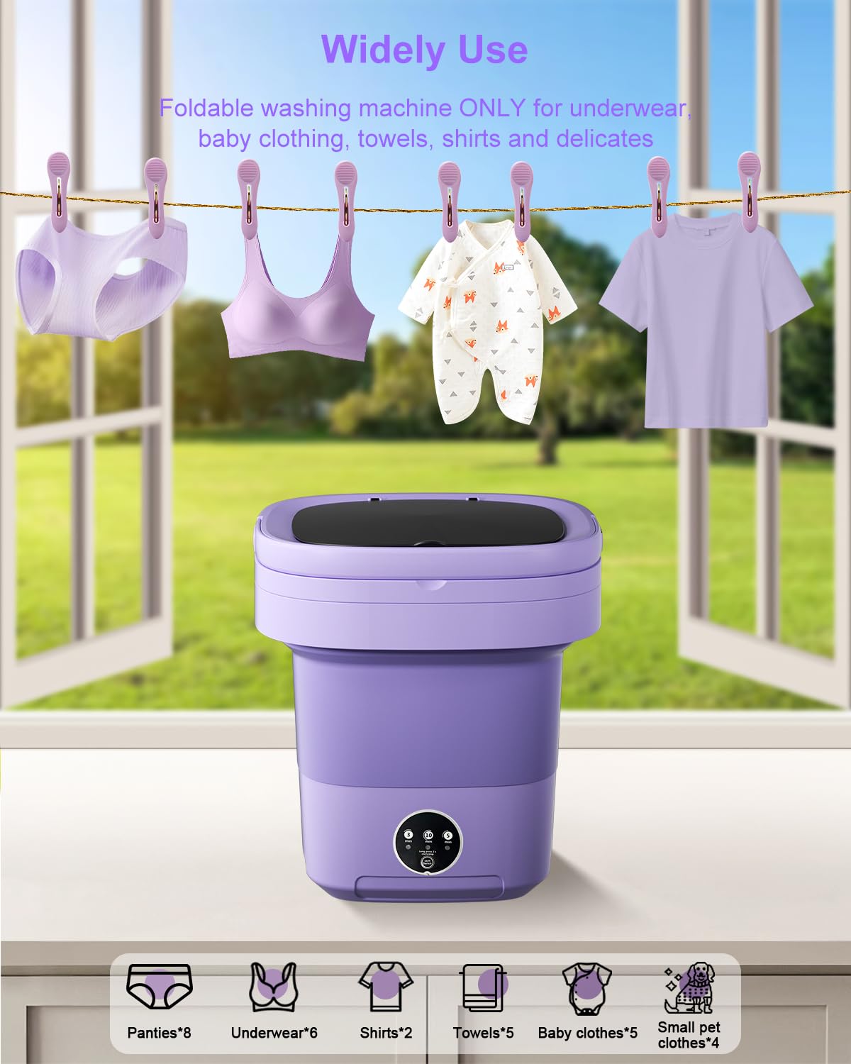 Portable Washing Machine, 16L Mini Washer for Apartments, RV & Travel | Folding Clothes Washer with Spin Basket & 3 Modes | Compact Washing Machine for Underwear, Socks, Baby Clothes (Purple)
