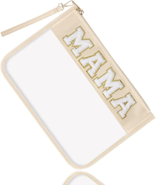 izuzta Chenille Letter Clear Bag Mama Purse Pouch, Monogram PVC & PU Clear Zipper Pouch with Wristlet, Waterproof Portable Glitter Snacks Makeup Beach Pouch Toiletry Bag for Women Girls (MAMA-Beige)