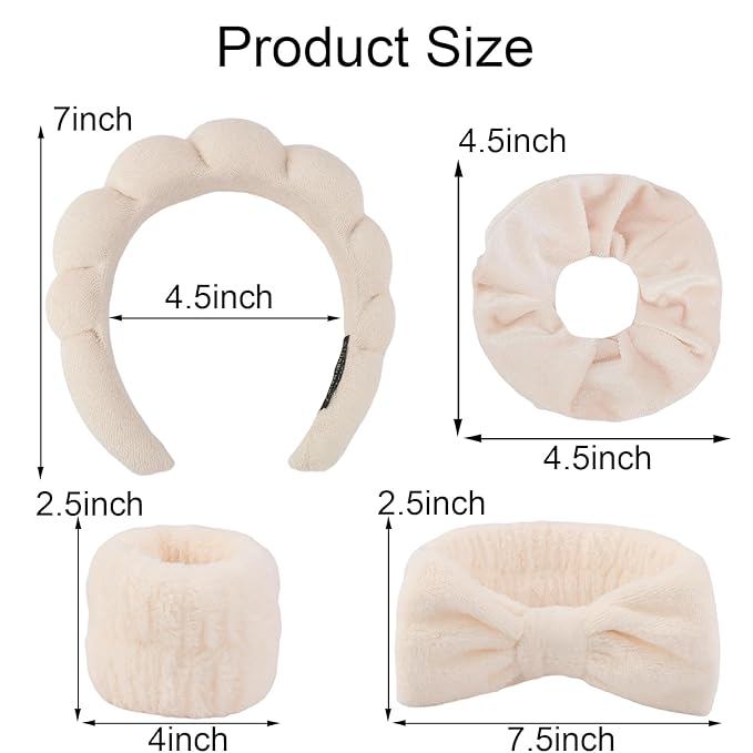 SuPoo 6pcs Khaki Spa Headband Set - Sponge Face and Makeup Headbands, Wristbands, Terry Cloth Hair Ties - Cute Puffy Skincare Gifts for Teens