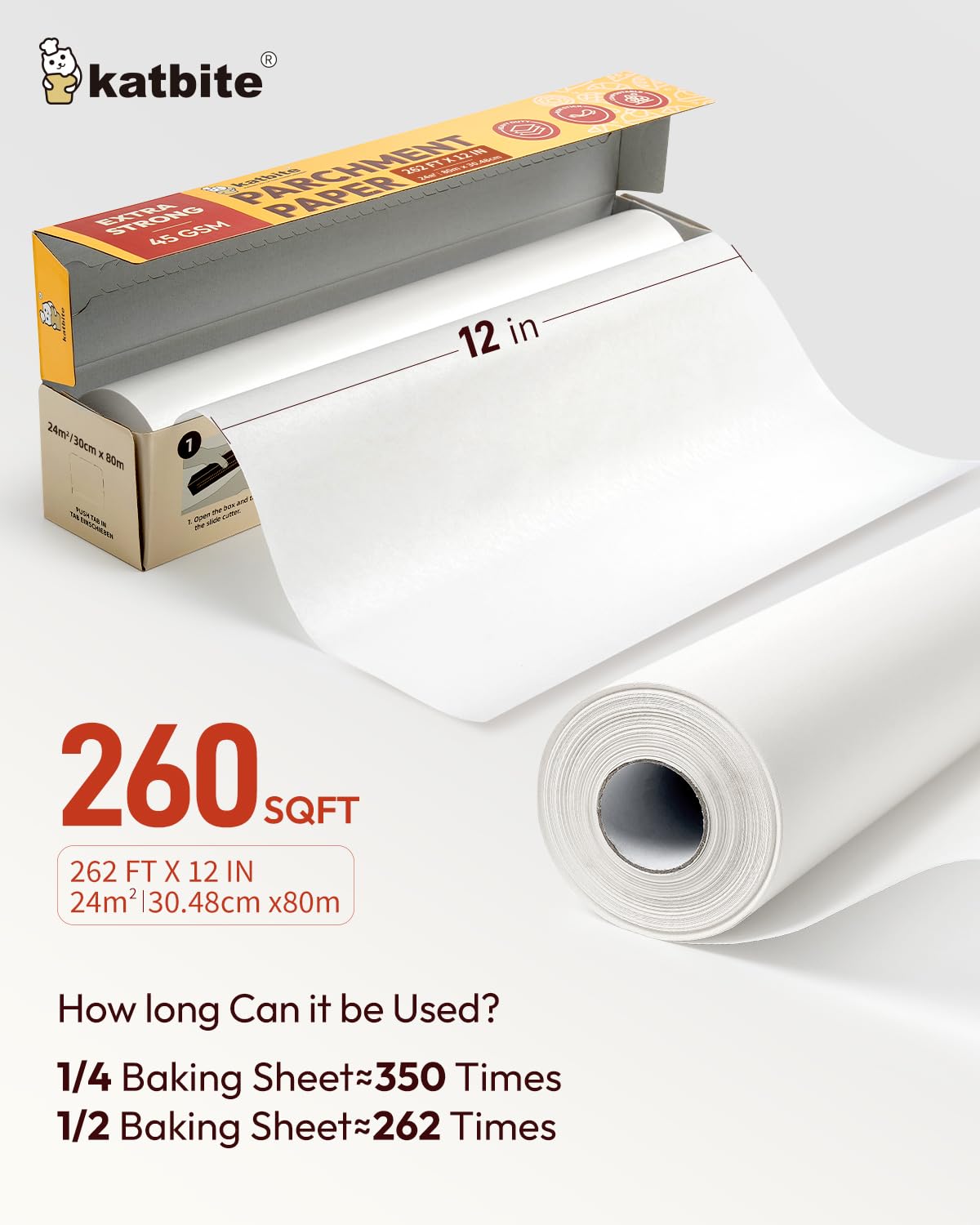 Katbite Heavy Duty Parchment Paper Roll for Baking, 12 in x 524 ft Non-Stick Baking Paper for Cooking, Baking Cookies, Grilling, Air Fryer and Steaming