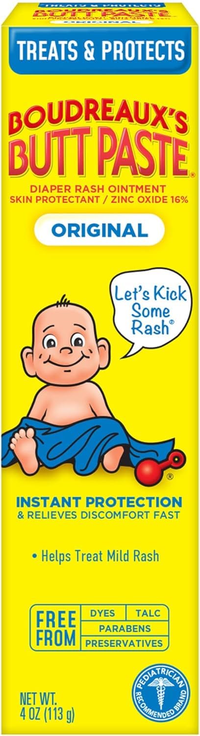 Boudreaux’s Butt Paste Diaper Rash Ointment, Baby Rash Cream Skin Protectant, Fast Relief, Soothing Barrier Cream, Original, Maximum Strength, 4 Ounce Tube (Variety Pack of 4)