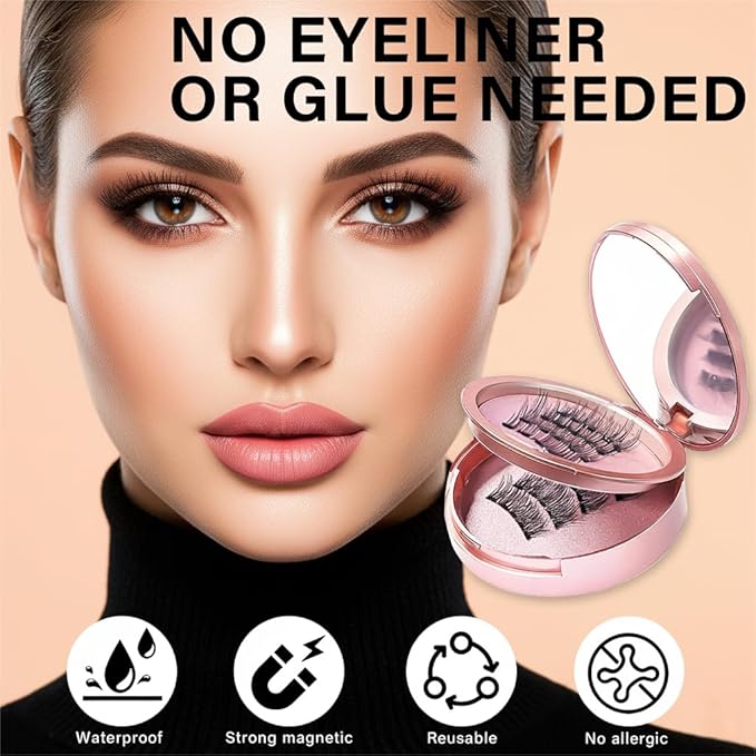 Magnetic Eyelashes with Applicator, 1 Packs (4 Pairs Total), Pink Reusable False Lashes, Natural Look, Glue-Free, Lightweight Wear