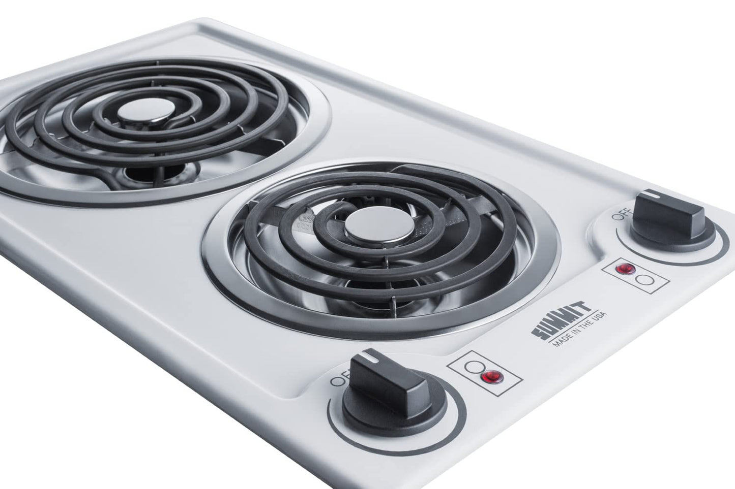 Summit 12" 2 Burner Electric Cooktop. 230V Radiant Cooktop, Coil Elements, Made in the USA, White- CCE225WH