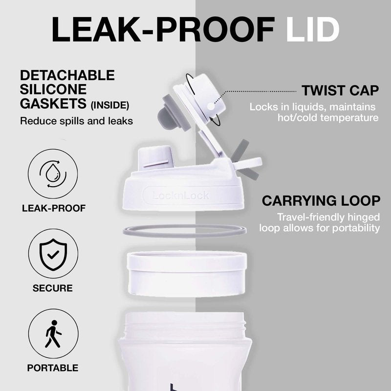 LocknLock HAP943LGRY Shake It Bottle Pro, Protein Shaker Cup for Shakes, Mixes, Pre Workout, Gym, Fitness, Sports, Travel, BPA-Free Plastic, Leakproof, Portable, with Lid and Handle, 22 oz, Off White