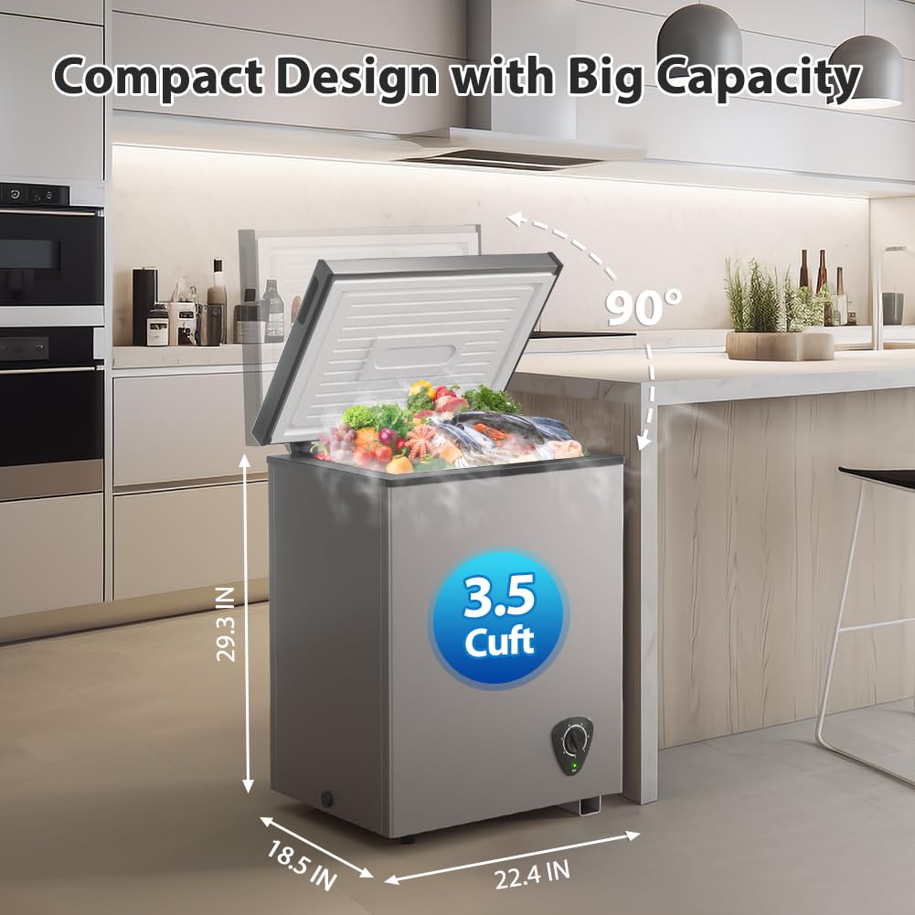 Lifeplus Chest Freezer, 3.5 Cubic Feet Small Deep Freezer Compact Top Open Door with Removable Basket, 7 Temperature Control Energy Saving Super Quiet for Kitchen Office Apartment Garage, Grey