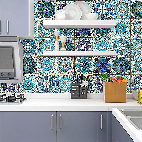 25PCS 4x4 Inch Mandala Tile Stickers, Peel and Stick Self Adhesive Removable Moroccan Tiles Backsplash Waterproof Oil Proof for Bathroom & Kitchen Wall Stickers Home Decor