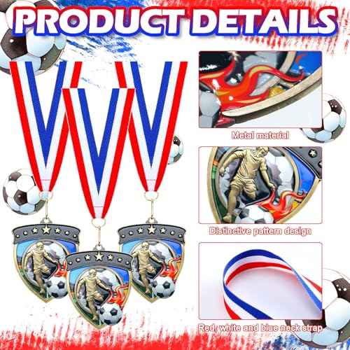 Remuuly Award Medals Bulk Soccer Football Basketball Tennis Cheer Metal Winner Award Medals 3.35'' Shield Shape with Neck Ribbons Sport Team Participation Prize Gift