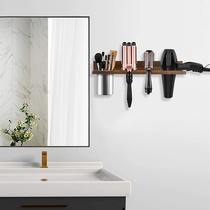 Hair Tool Organizer Wall Mounted - Wooden Dryer Holder, Blow Dryer Holder for Bathroom, Rustic Styling Tools Organizer for Flat Iron, Curling Wand, Hair Straighteners, Brushes, Brown