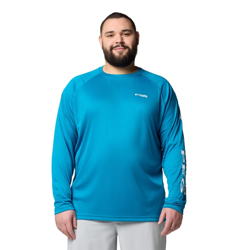 Columbia Men's PFG Terminal Tackle Long Sleeve Fishing Shirt, Blue Echo/White Logo, XX-Large