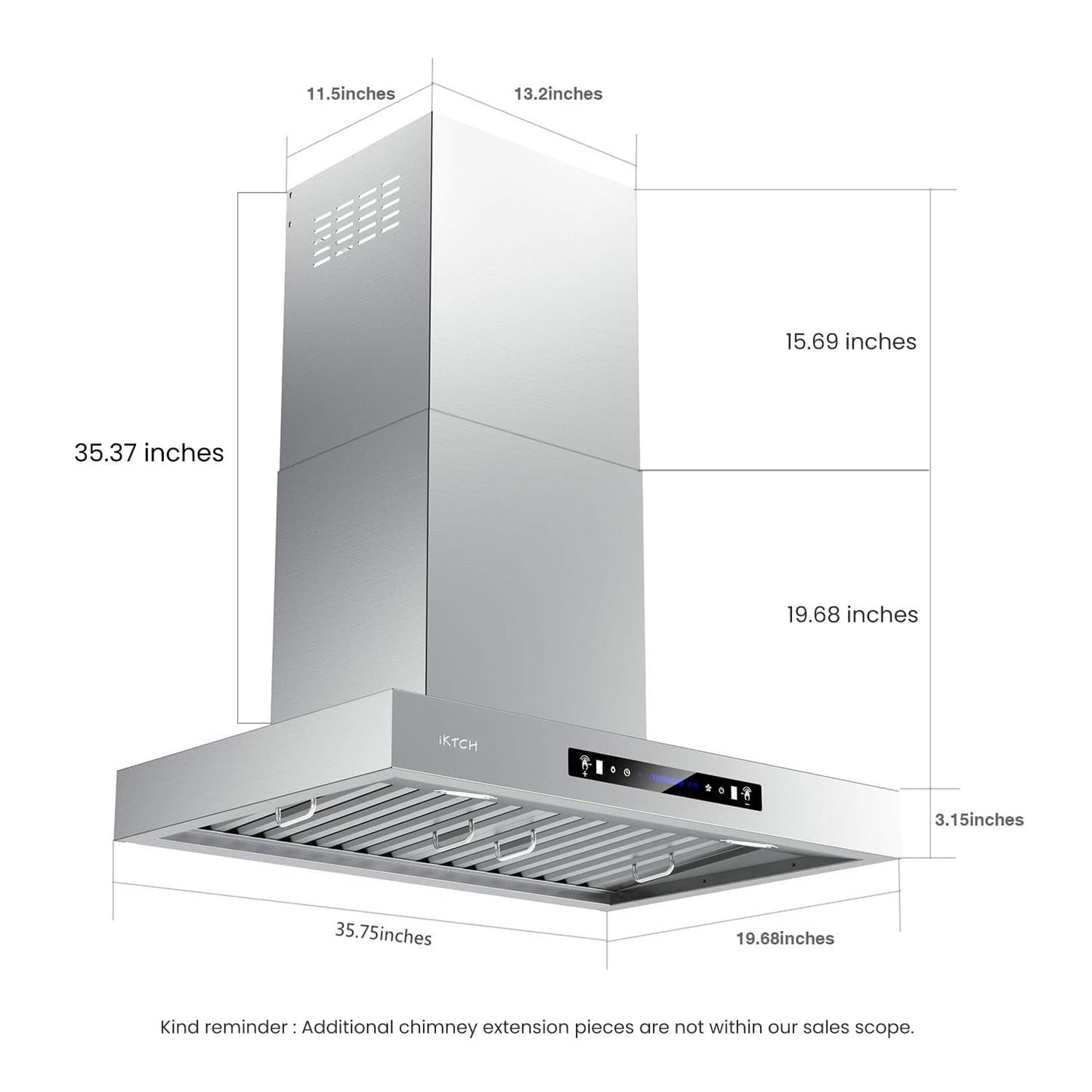 IKTCH 36 Inch Wall Mount Range Hood with 1200 CFM, 4-Speed Fan, Ducted Range Hood, Gesture Sensing & Touch Control, Durable Stainless Steel IKP01-36