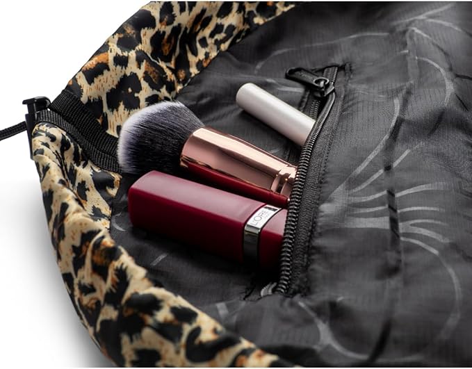 Lay-n-Go Cosmo Layflat Drawstring Cosmetic & Makeup Bag Organizer w/Zipper Pocket, Brush Loops & More, Cinch to Close, Lay Flat to Use, Durable, Machine Wash, Travel Toiletry Bag (20", Leopard)