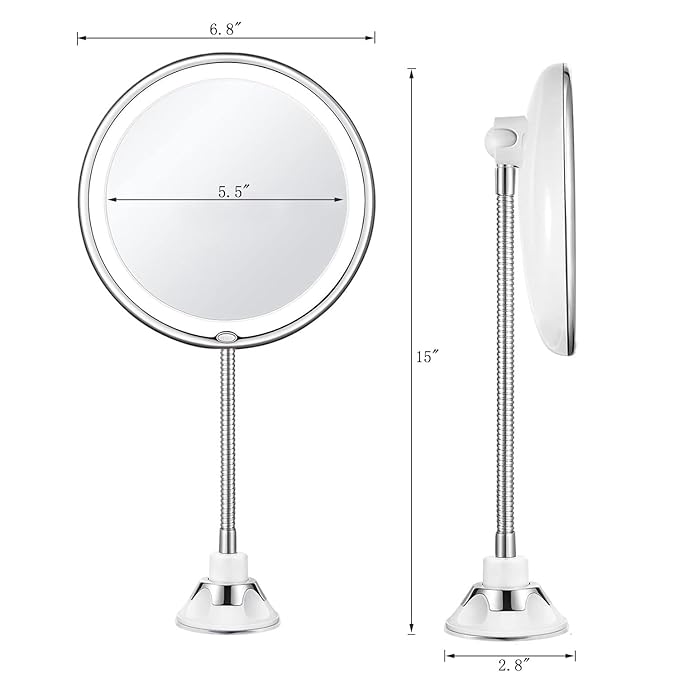 JiBen Flexible Gooseneck LED Lighted 10X Magnifying Makeup Mirror with Power Locking Suction Cup and 360 Degree Swivel, Portable Cordless Travel and Home Bathroom Vanity Mirror