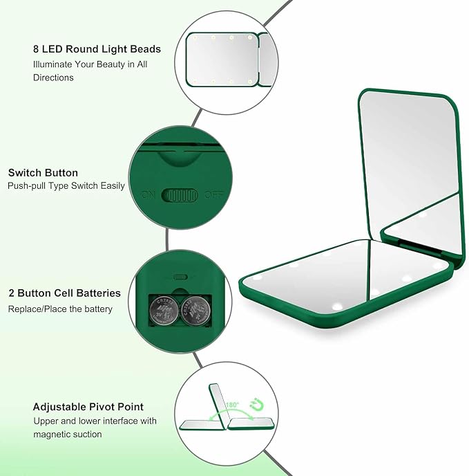 Compact Mirror, 1X/3X Magnification LED Pocket Mirror with Nternal BIattery, Mini Mirror for Purse, Pocket,Travel and Present (Green)