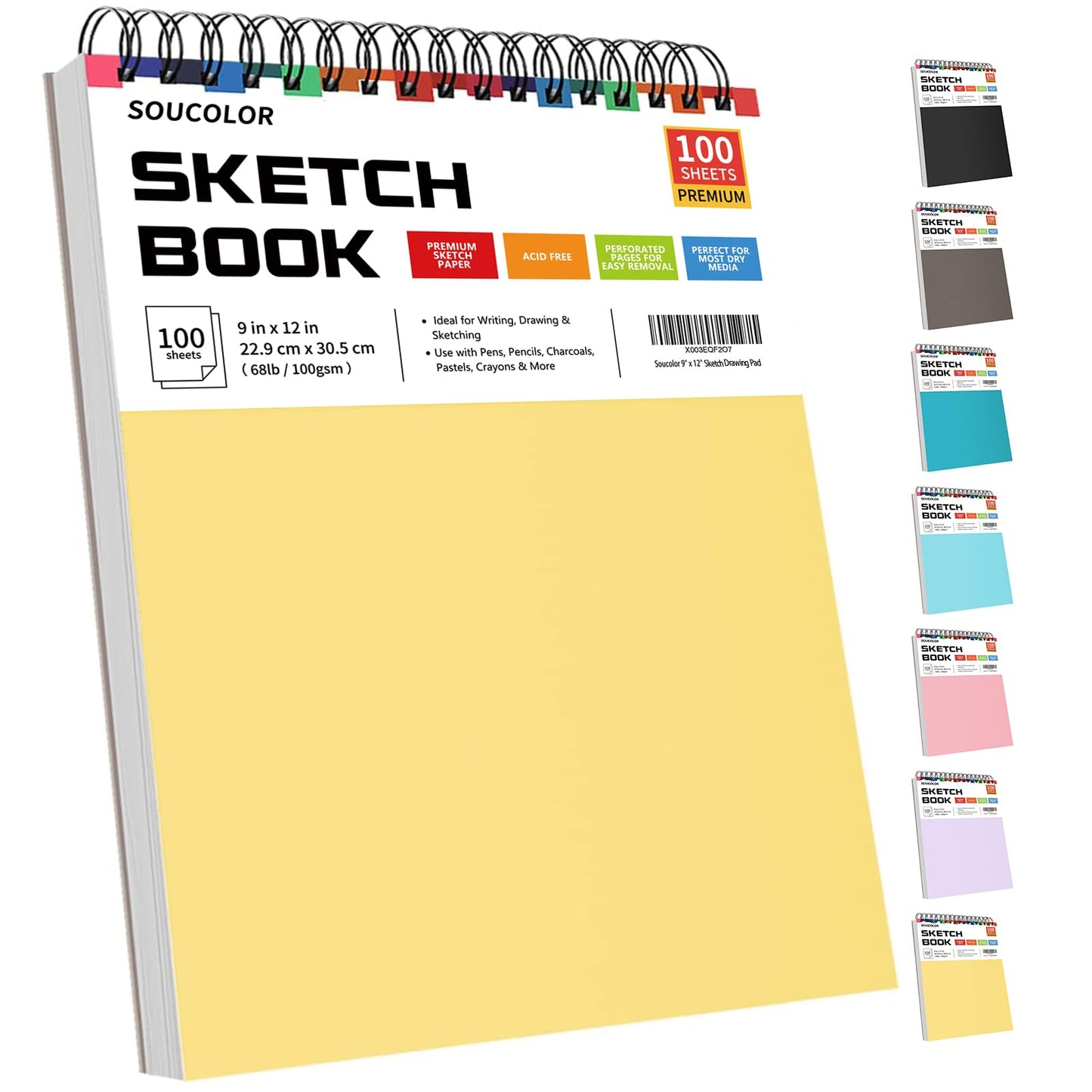 College Graduation Gifts, Nursing Student Essentials, Teacher Appreciation Gifts, Soucolor 9" x 12" Yellow Sketch Book, 1-Pack 100 Sheets Spiral Bound Drawing Paper