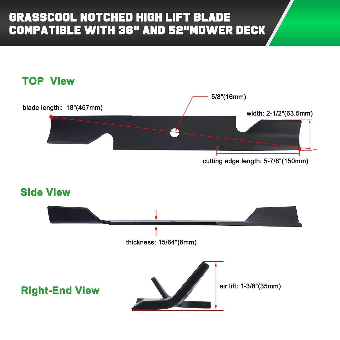 Grasscool 482878 Mower Blades for Scag Tiger Cub Wildcat Turf Tiger 36'' 52'' Deck Lawn Mower Replace Ferris 21227S 5101756s 5021227 Scag 482462 481711 48108 Encore 481707(3 Pack)
