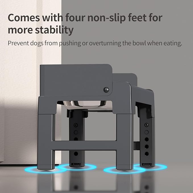 PAKEWAY Elevated Dog Bowls, Spill Proof, Tiltable Pet Feeder with 1 Stainless Steel Bowl &1 Stainless Steel Slow Feeder Bowl, 6 Height Adjustable Raised Bowls Stand for Medium Large Dogs