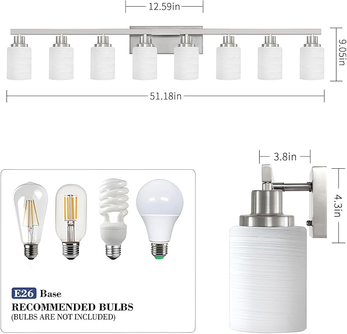 DIKAIDA 8-Light Bathroom Light Fixtures, 52inch Nickel Vanity Light with Milky White Glass Shade, Modern Bathroom Wall Lights Over Mirror, Farmhouse Wall Sconces Lighting for Bedroom Living Room