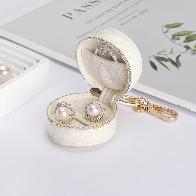 Jewelry Ring Holder Box with Keychain, Portable Gym Jewelry Storage Box Case, Small Travel Ring Earring Stud Necklace Storage Case (White)