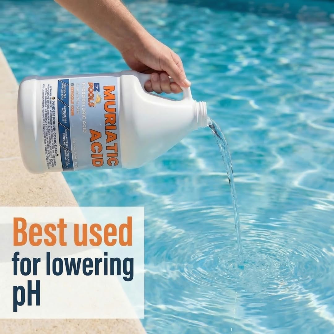 EZ Pools Muriatic Acid for Swimming Pools & Spas – Pack of 4 Gallons, Lowers pH, Muriatic Acid for Pools (HCL), pH Reducer for Water Balancing