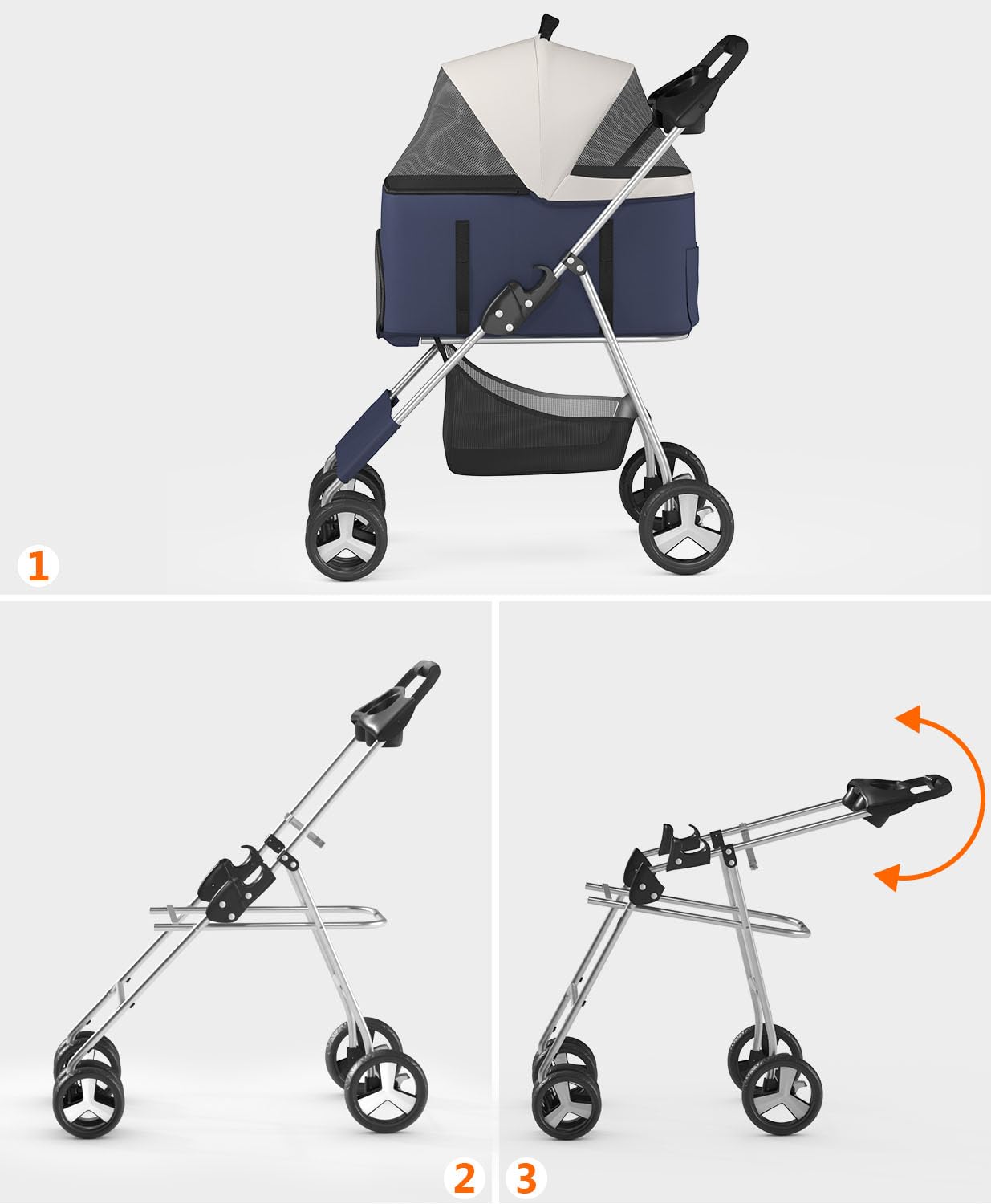 OS MOTOR Pet Stroller with 4 Wheels for Small/Medium Pets,Travel Foldable Detachable Carrier for Dog Cat Cage Jogger Stroller, Rear Wheel Breaks, Storage Basket, Visible Mesh Weather Cover (Navy Blue)