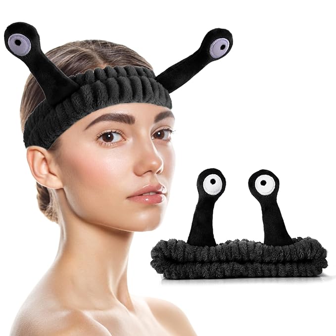 Spa Headband Facial Makeup Head Band Microfiber Soft Coral Fleece Head Wraps Snail Cartoon Cute Hair Accessories Elastic Skincare Hair Band for Women Girls Washing Face Beauty (Black)