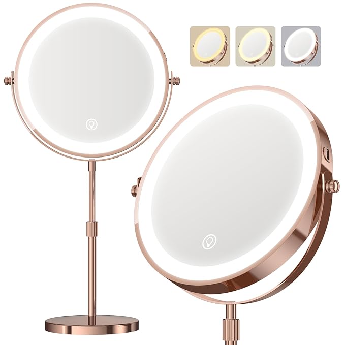 20X Makeup Mirror with Lights, 9" Magnifying Mirror with Light Brightness Adjustable Lighted Makeup Mirror with Magnification, 5000 mAh Rechargeable Double Sided Mirror with 3 Colors, Gift for Women