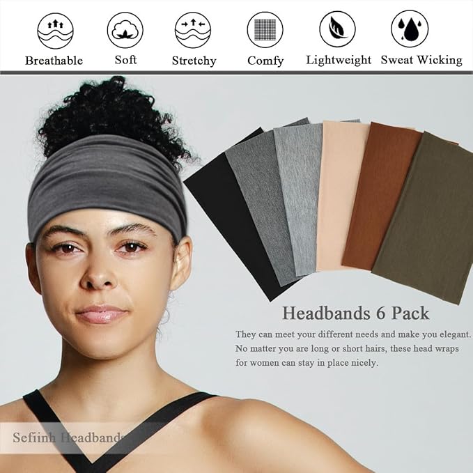 Sefiinh Wide Headbands For Women Stretch Headband Boho Head Bands Women's Hair Band Turban Workout Hairband Accessories 6 Pack