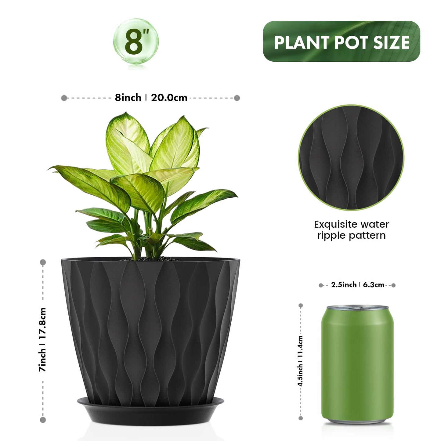 UOUZ 8 Inch Plant Pots, 4 Pack Plastic Planters for Indoor Outdoor with Drainage Holes & Saucers, Waffle Texture Flower Pots for Indoor Plants, Indoor Plant Pots for Monstera, Fiddle Leaf Fig, Black