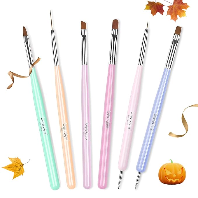 Beetles Gel Polish Nail Art Brushes, 6 Pcs Fingernail Art Design Pens, Wood Alloy Handle, Dotting Pen Clean Up Liner French Nail Brush Set, DIY Manicure Tools Gift for Women