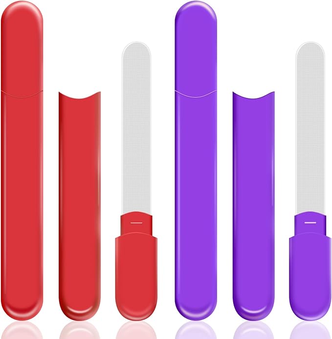 WOKOTO 2 Packs Glass Nail File with Case for Nail Shaping & Polishing, Red & Pinkish Purple Double Sided Transparent Crystal Diamond Fingernail Files Glass Nail Buffer for Natural and Acrylic Nails