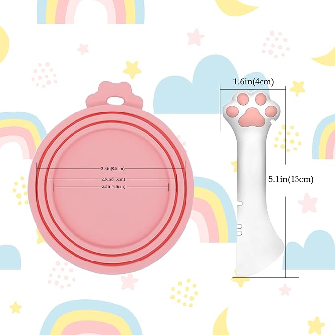 SJANE Cat Food Can Spoons & Can Lids | 4 Pcs | Multi-function Opener | Silicone Pet Food Covers | Cute Paw Shape Wet Food Spoon for Cats and Dogs(Pink+Grey)