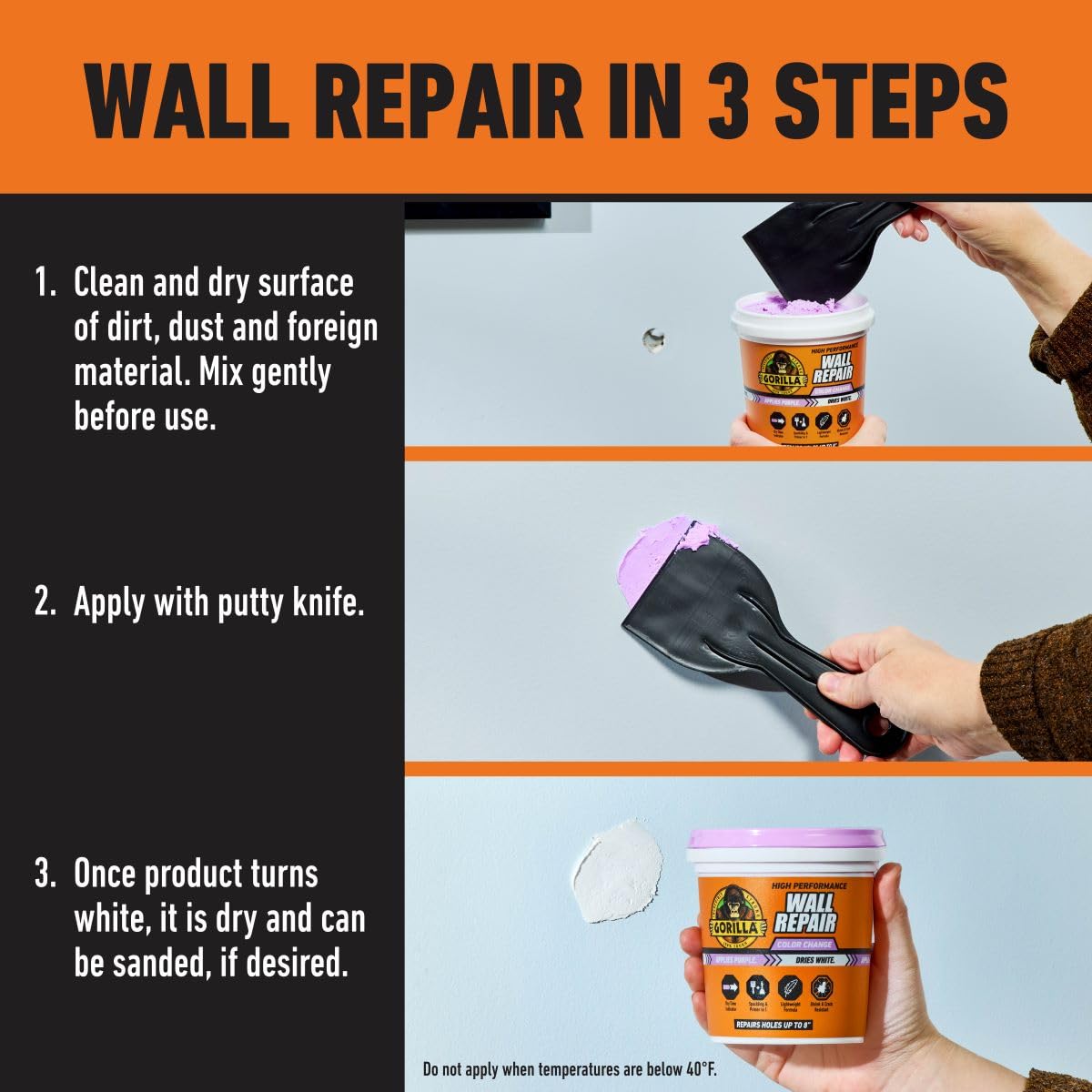 Gorilla High Performance Wall Repair Color Change, 32 Ounce Tub, Applies Purple, Dries White – Spackling & Primer in One, Shrink & Crack Resistant