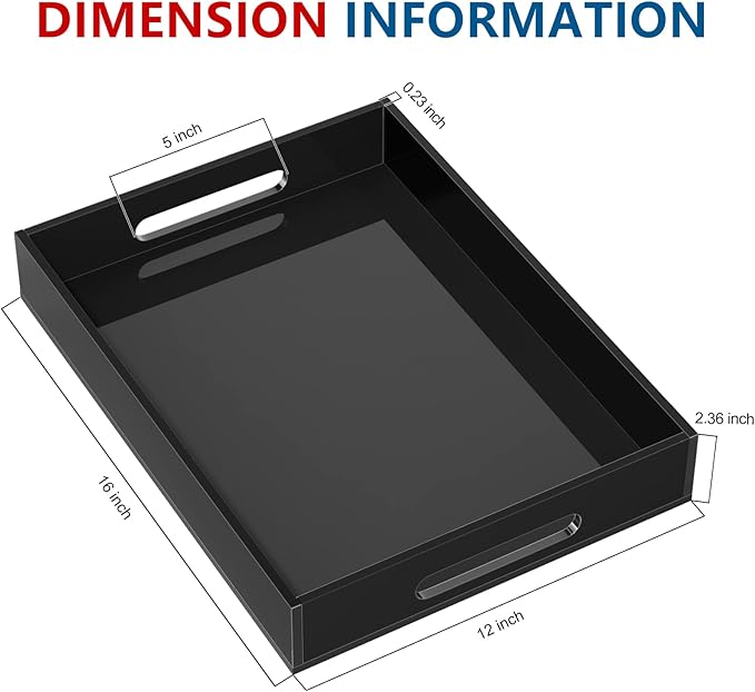 KOTEMON Acrylic Serving Tray with Handles-16x12x2.36Inch-Decorative Tray Letter Tray Organizer for Ottoman Coffee Table Countertop, Black