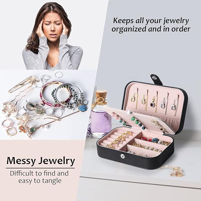 Hatori Travel Jewelry Box, PU Leather Small Jewelry Organizer for Women Girls, Portable Mini Travel Case Display Storage Holder Boxes for Stud Earrings, Rings, Necklaces, Bracelets (Black Beige)