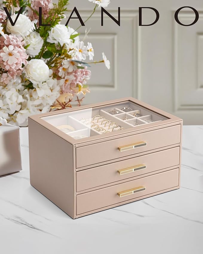Vlando 3 Layer Jewelry Box for Women, Glass Lid Jewelry Organizer with 3 Drawers for Necklaces Rings Earrings Bracelets - Toffee