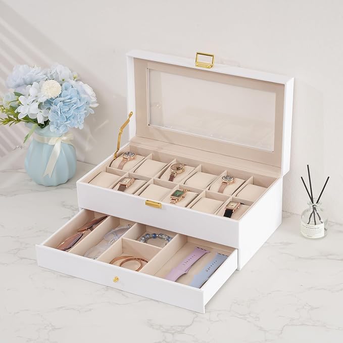 ProCase Watch Box, 12 Slot Mens Watch Case With Drawer, 2-Layer Watch Display Case With Glass Lid, Mens Jewelry Box Storage Holder Organizer, Birthday Valentine Gifts for Men -12Slot, White