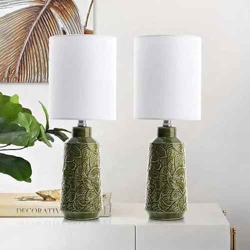 Ceramic Table Lamp Set of 2, 18" Modern Farmhouse Bedside Lamps with Leaf Pattern & White Linen Shade, Nightstand Lamps with Inline ON/Off Switch for Living Room, Bedroom, Dining Room
