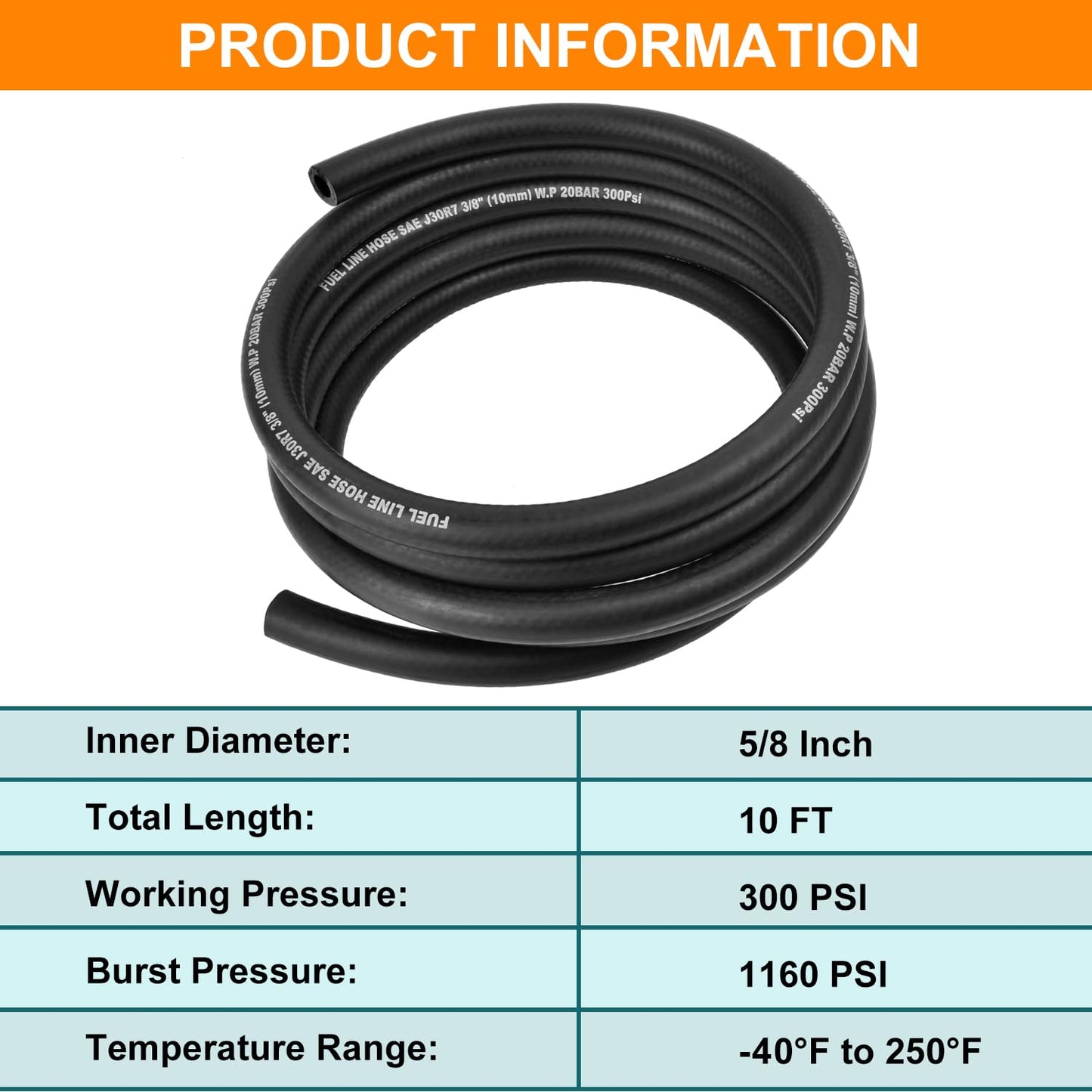 5/8 Inch ID Fuel Line Hose - 10FT Marine Grade Fuel Line with 10PCS Hose Clamps,300PSI High-Pressure Fuel Line for Automotive Fuel Systems Engines (5/8" ID-10Ft)