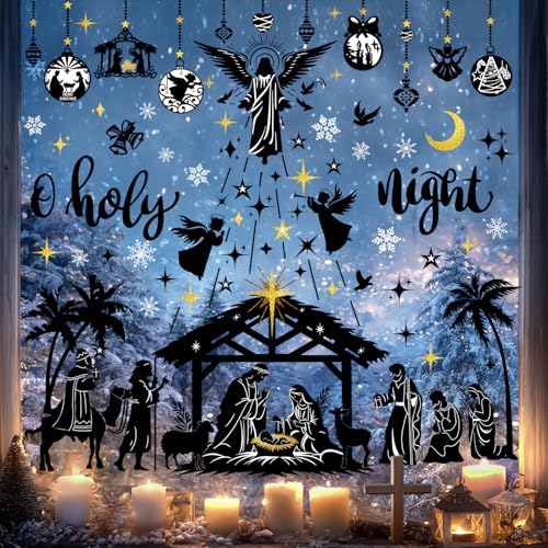 wondever Jesus Nativity Scene Window Clings Holy Night Religious Silhouette Christmas Glass Sticker Decal Anti Collision Double-Side Static Window Decals for Home Xmas Holiday Party