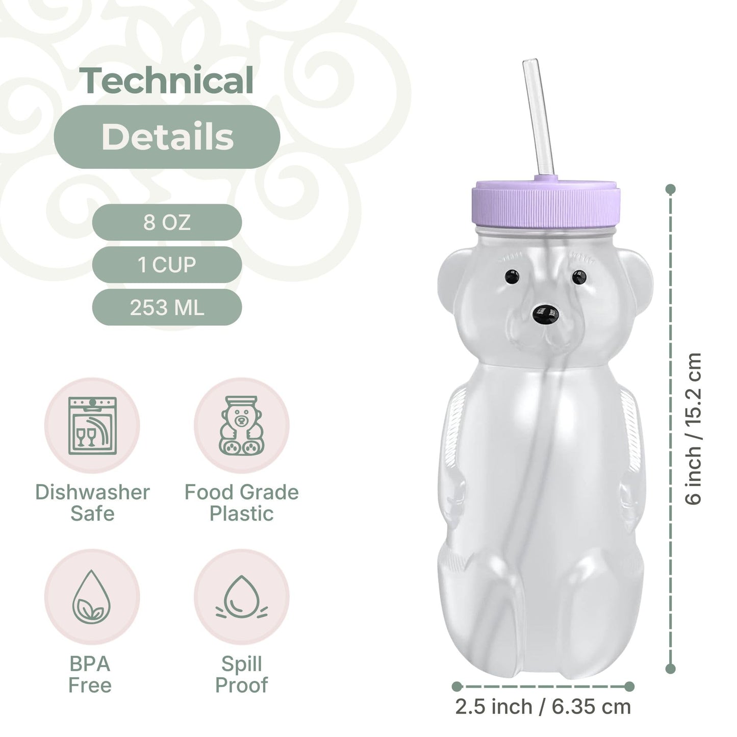 The 730 Project Honey Bear Straw Cup for Babies, 8-oz Honey Bear Cup with Lid, 3-Pack Therapy Learning Honeybear Straw, Baby Bottle Set, Unicorn PURPLE
