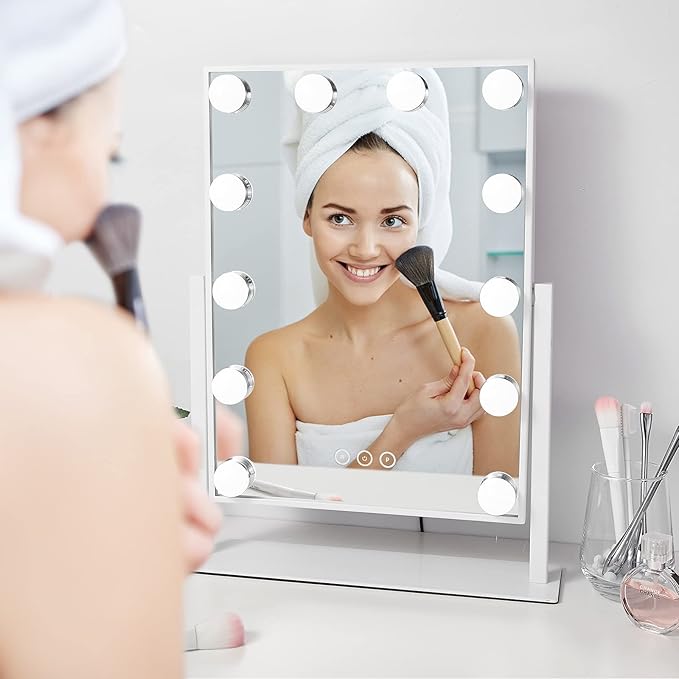 Vanity Makeup Mirror with Lights,3 Color Lighting Modes Detachable 10X Magnification Mirror Touch Control,360°Rotation, White (14.6Inch)