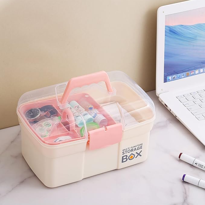 11'' Plastic Storage Box with Removable Tray, Multipurpose Organizer for Sewing, Art & Craft, Cosmetic (White)