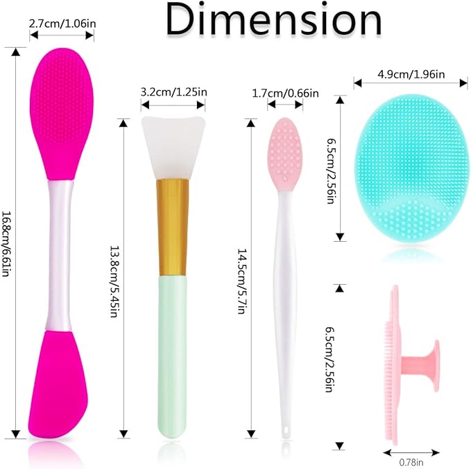 5PCS Silicone Scrubber Set, Lip Scrub Brush, Silicone Face Cleansing Brush, Face Applicator Tool and 2PCS Exfoliating Brushes for Men Women