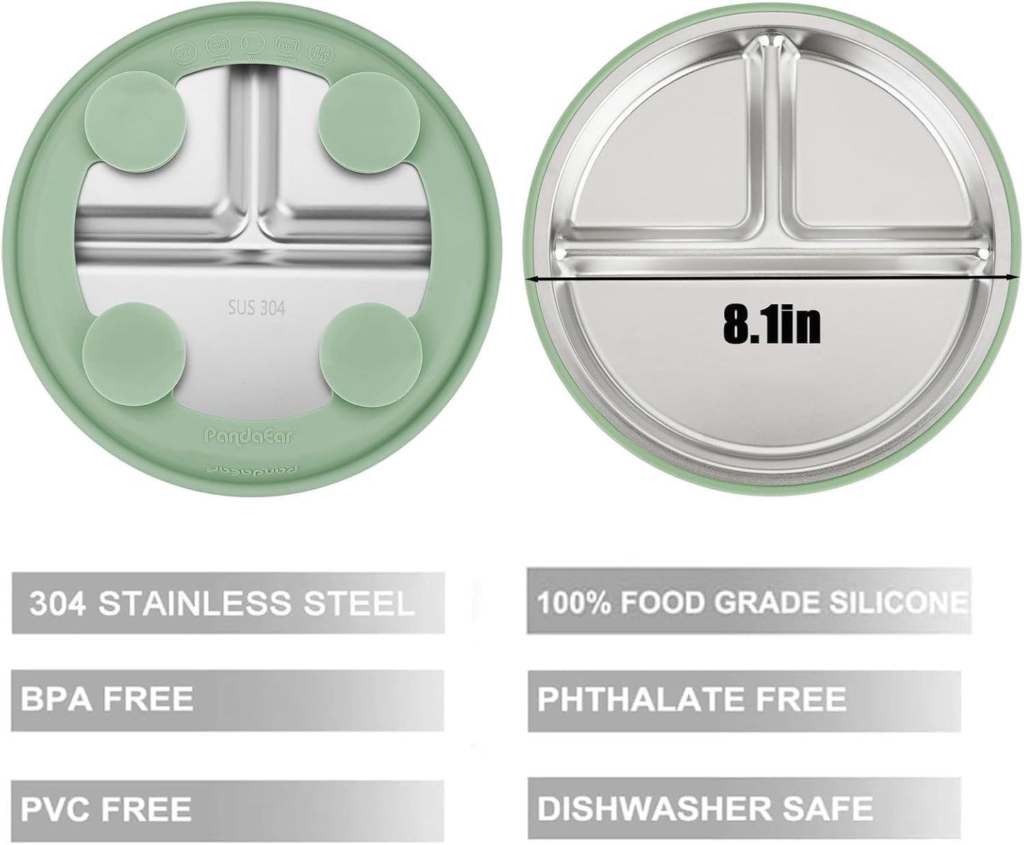 PandaEar 3 Pack Stainless Steel Baby Suction Plates, Divided Toddler Plate for Baby Led Weaning Supplies, Non-Slip Toddler Baby Feeding Set Dishwasher Safe (Blue/Green/Brown, With Lids)