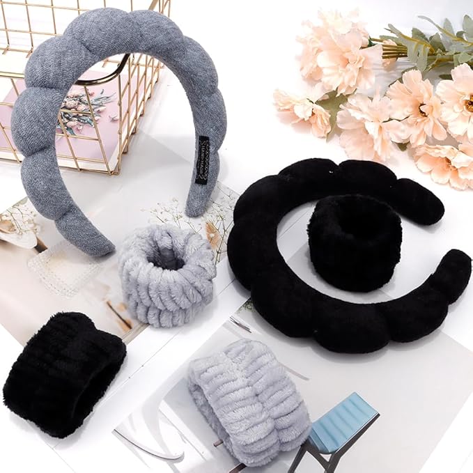SPA Headbands for Washing Face Makeup Headbands with Bow Hair Band Women Facial Head Band Wrist Towel Wraps For Shower Face Mask Gray Black, 6 Pack
