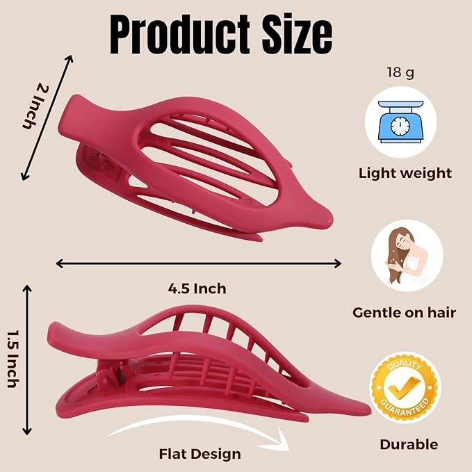 8 Pack Red Flat Hair Clips – Matte Large French Red Claw Clips for Women, Strong Hold No Slip Grip for Thick or Thin Hair, Bold & Chic Look for Date or Party Styling